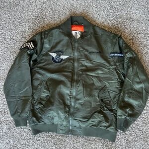 Men's Olive Green Bomber Jacket with Patches